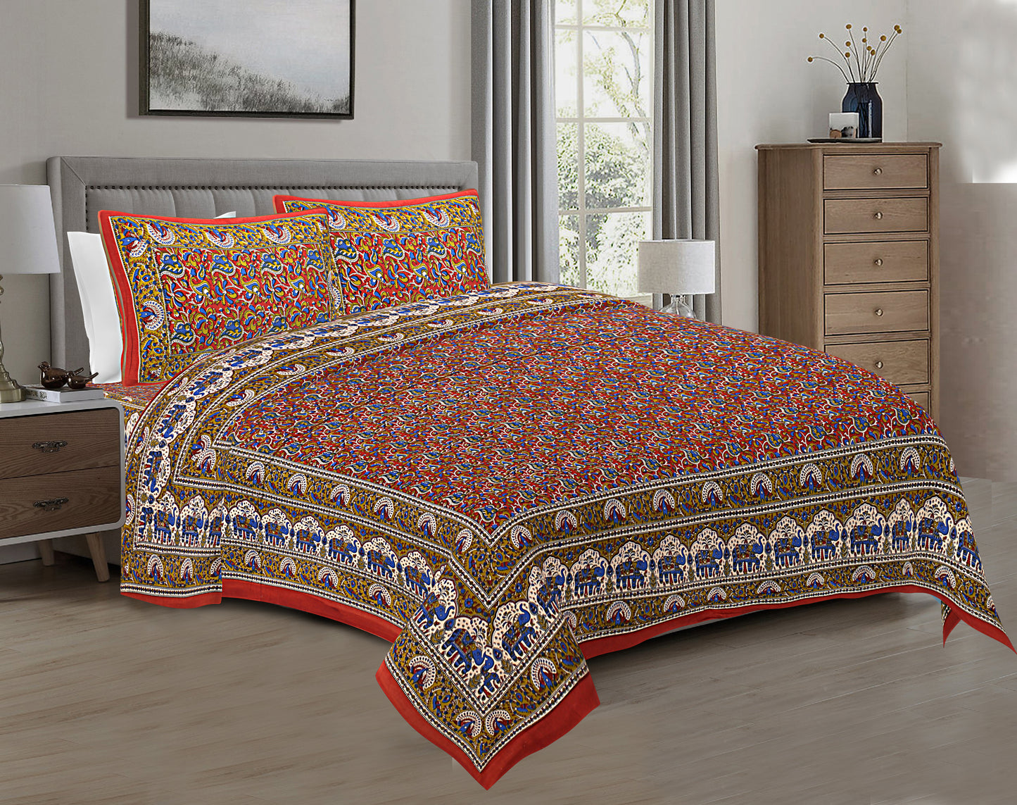 Regal Splendor: Kalamkari Jaipuri Cotton Bed Sheets (100x108 Inches)