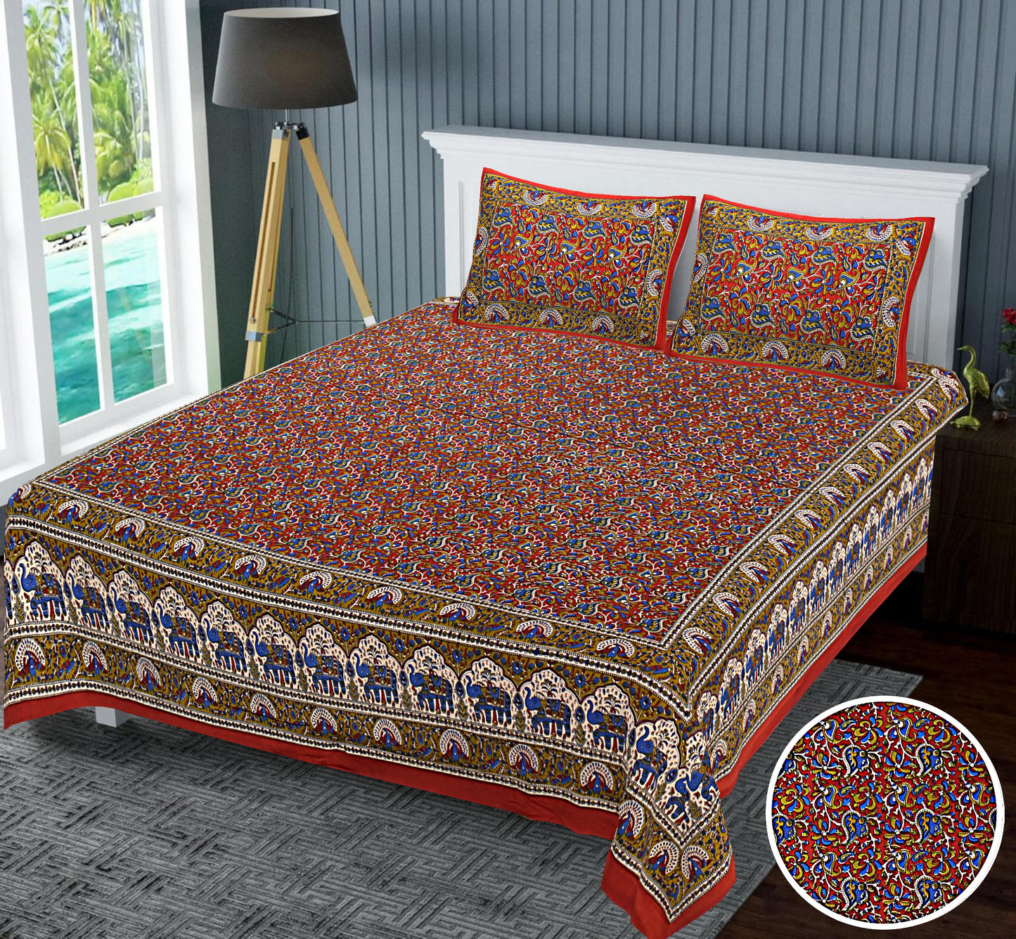 Regal Splendor: Kalamkari Jaipuri Cotton Bed Sheets (100x108 Inches)