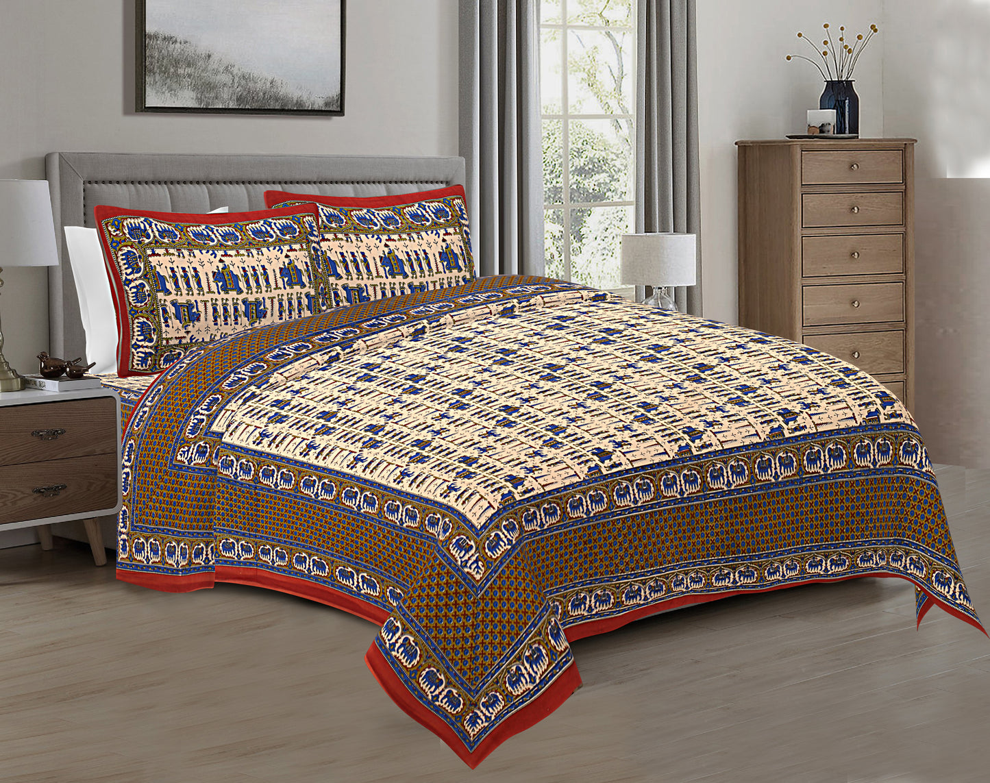 Regal Splendor: Kalamkari Jaipuri Cotton Bed Sheets (100x108 Inches)