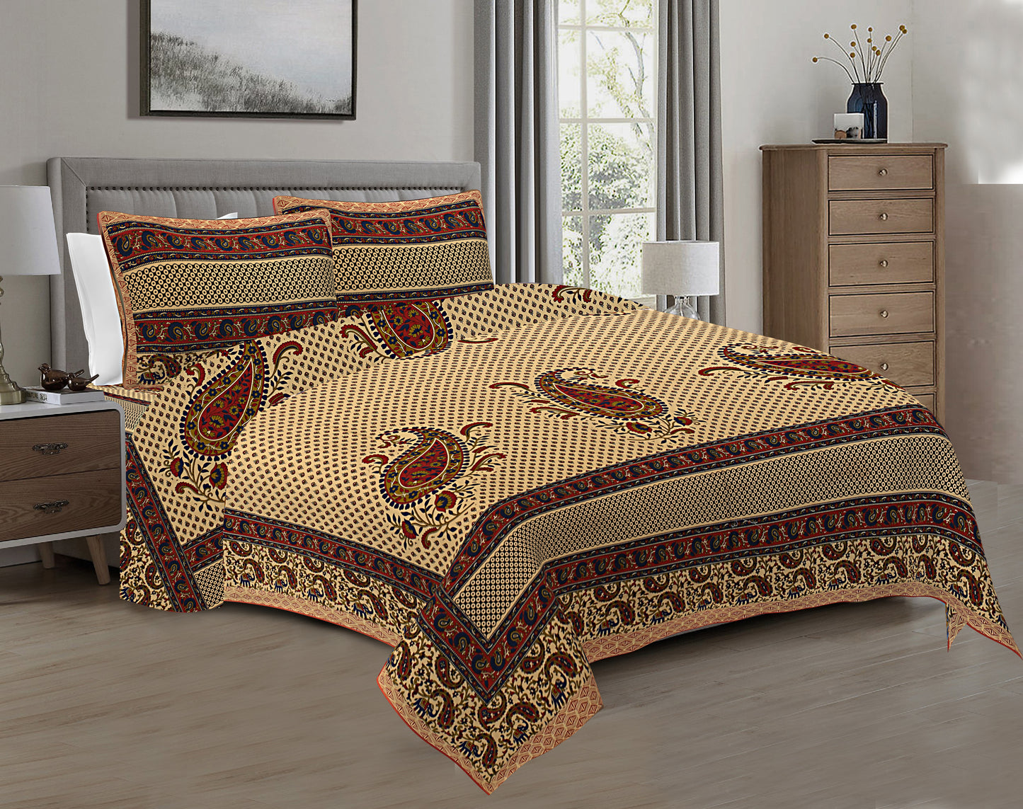 Regal Splendor: Kalamkari Jaipuri Cotton Bed Sheets (100x108 Inches)