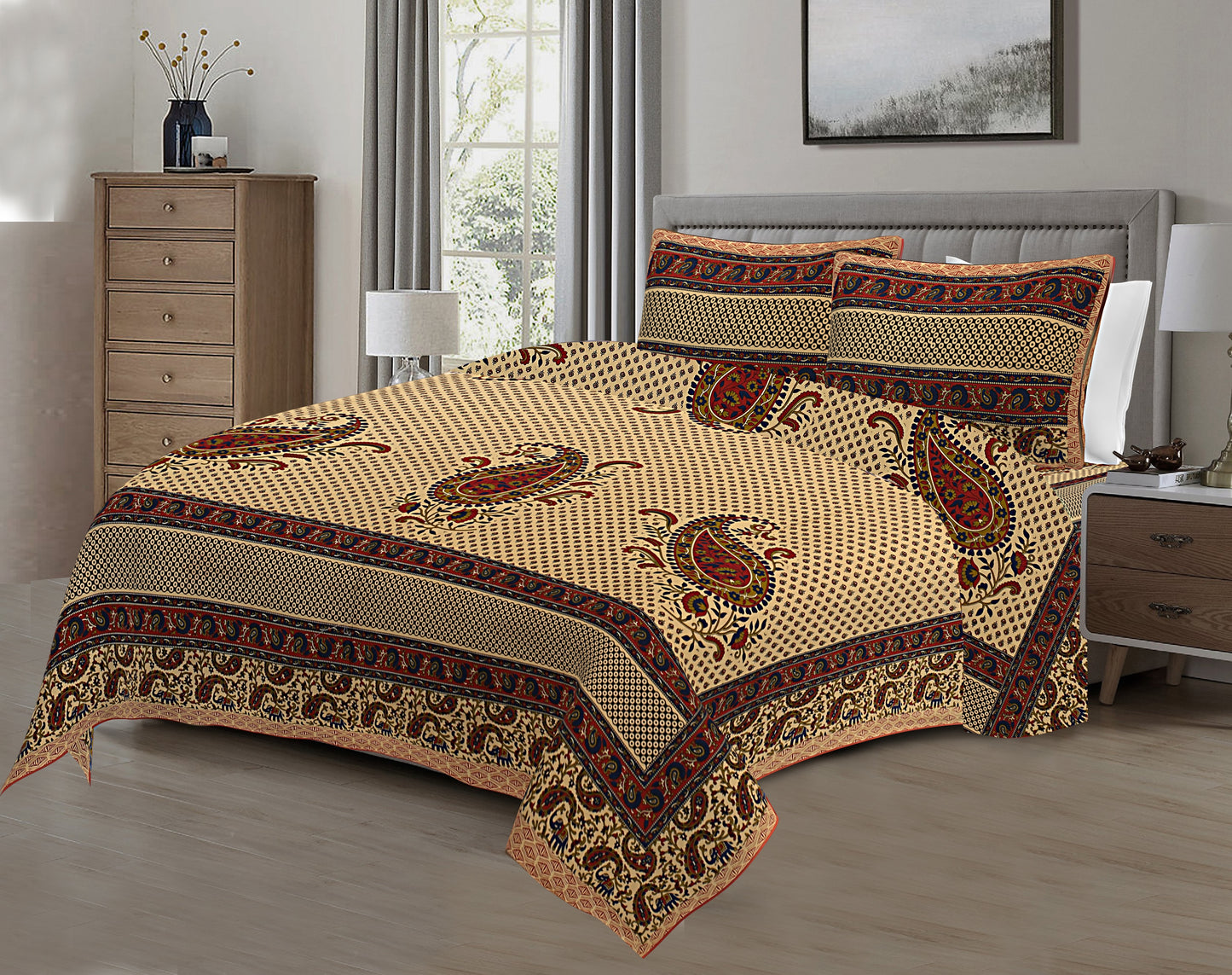 Regal Splendor: Kalamkari Jaipuri Cotton Bed Sheets (100x108 Inches)