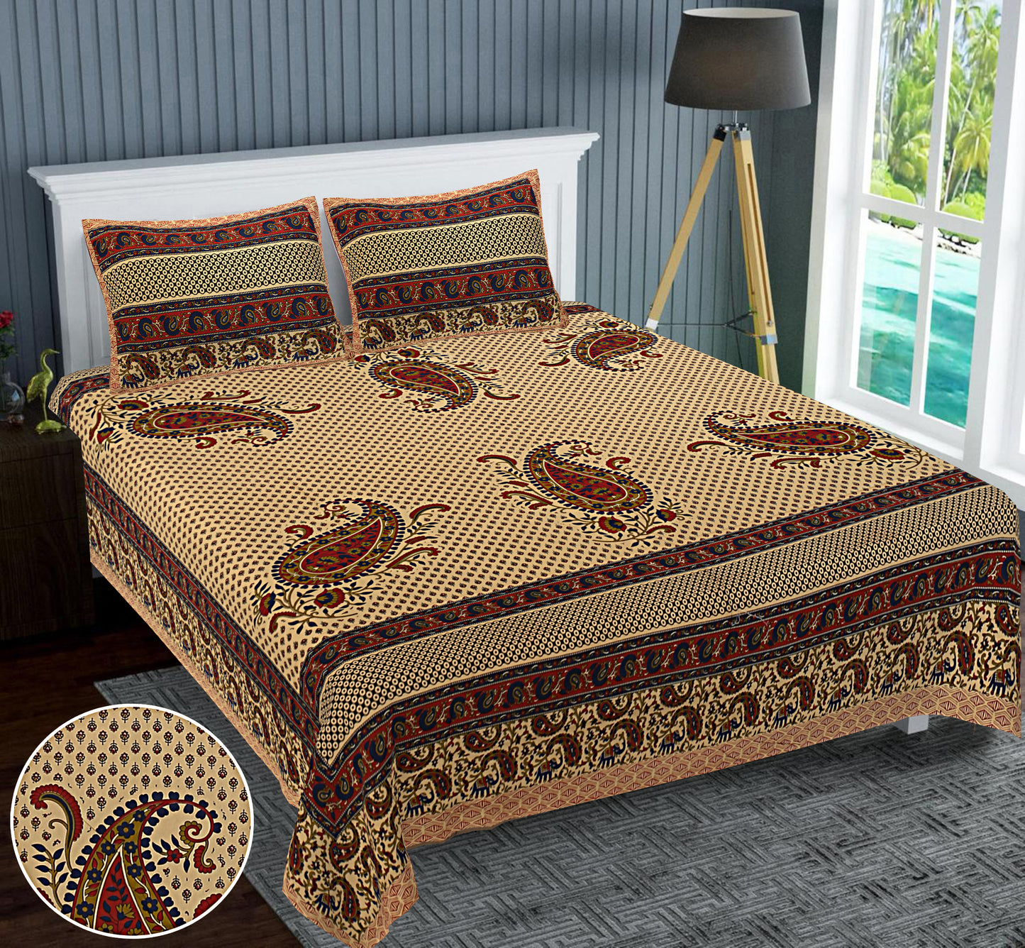 Regal Splendor: Kalamkari Jaipuri Cotton Bed Sheets (100x108 Inches)