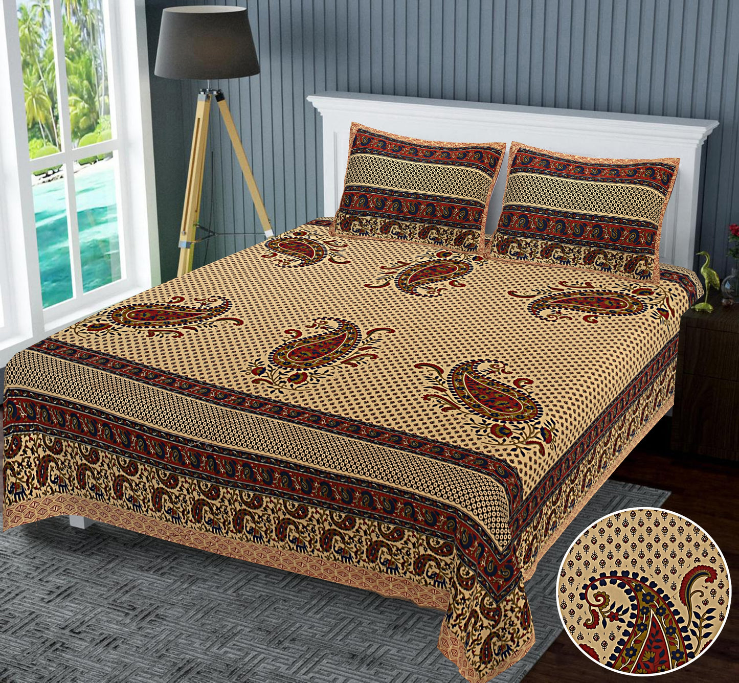 Regal Splendor: Kalamkari Jaipuri Cotton Bed Sheets (100x108 Inches)