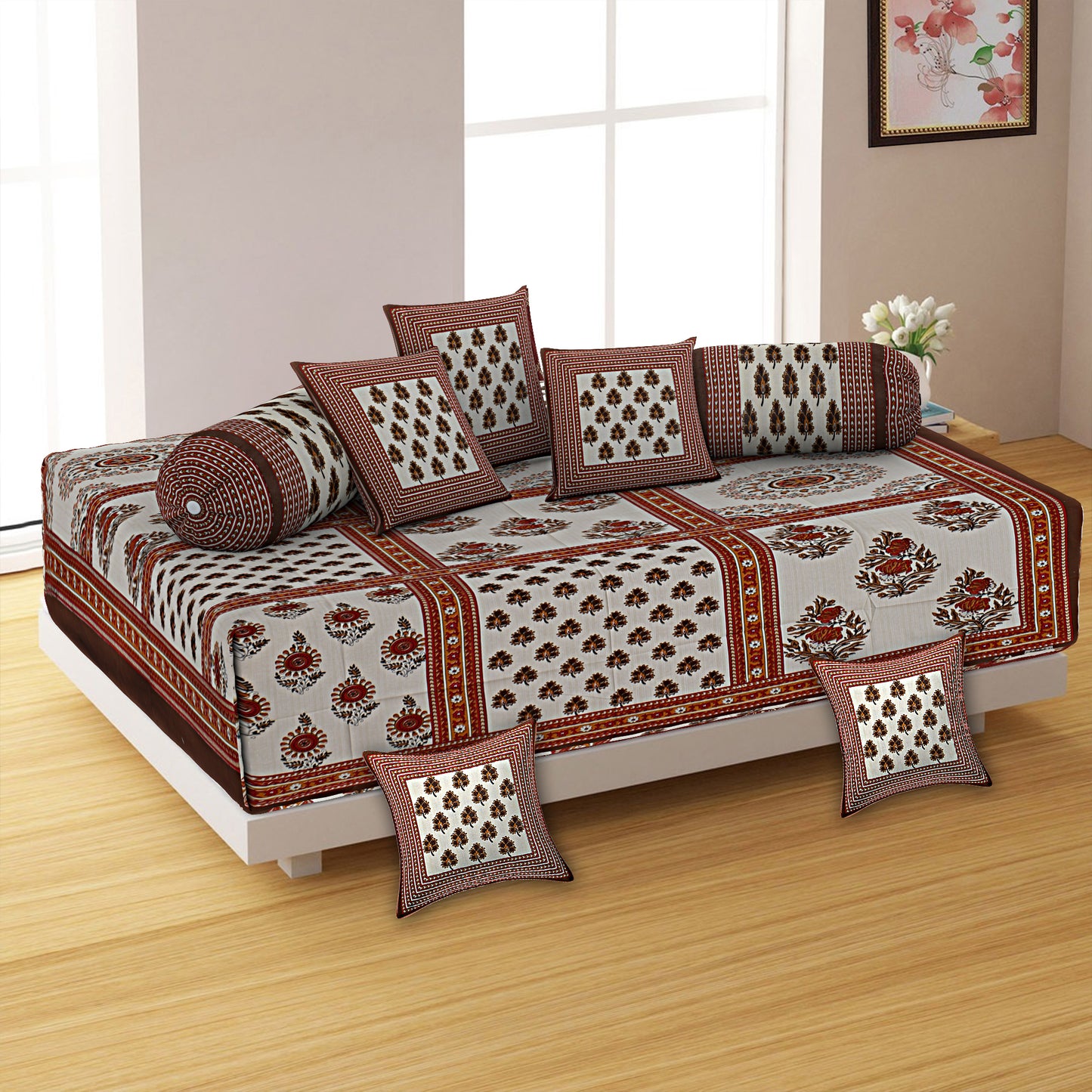 Regal Splendor: Jaipuri Cotton Diwan Set(1 Single Bed Sheet+5 Cushion Covers+2 Muslan Covers)