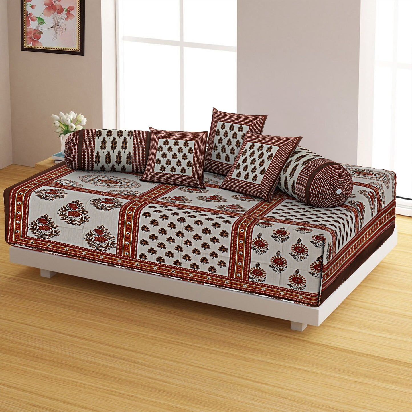 Regal Splendor: Jaipuri Cotton Diwan Set(1 Single Bed Sheet+5 Cushion Covers+2 Muslan Covers)