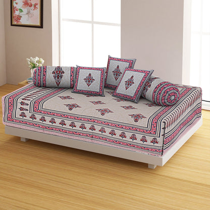 Regal Splendor: Jaipuri Cotton Diwan Set(1 Single Bed Sheet+5 Cushion Covers+2 Muslan Covers)