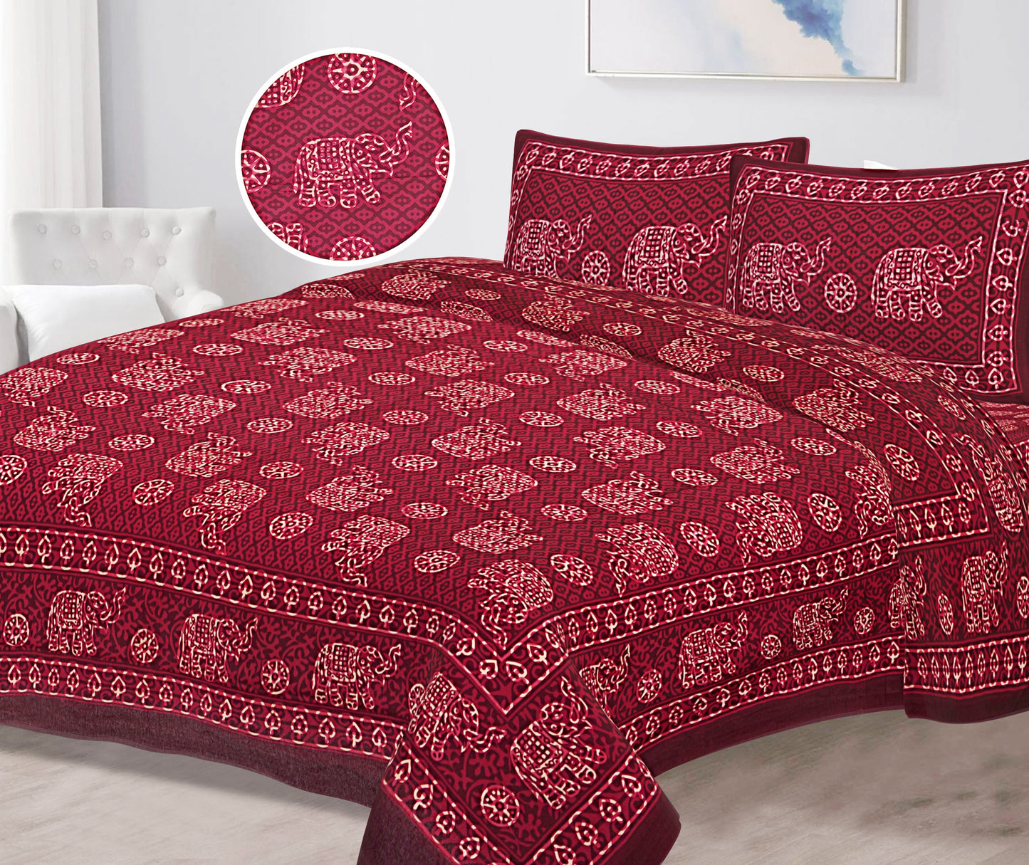 Elegance Unveiled: 90x108 King Size Baghru Print Pure Cotton Jaipuri Bedsheets