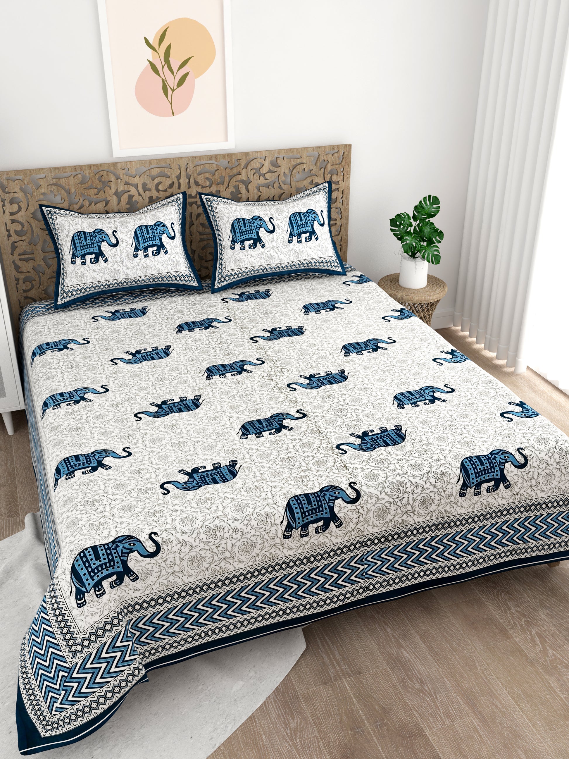 Dainty Blue Elephant Artistic Printed King Size Bedsheet - MishtiGriha