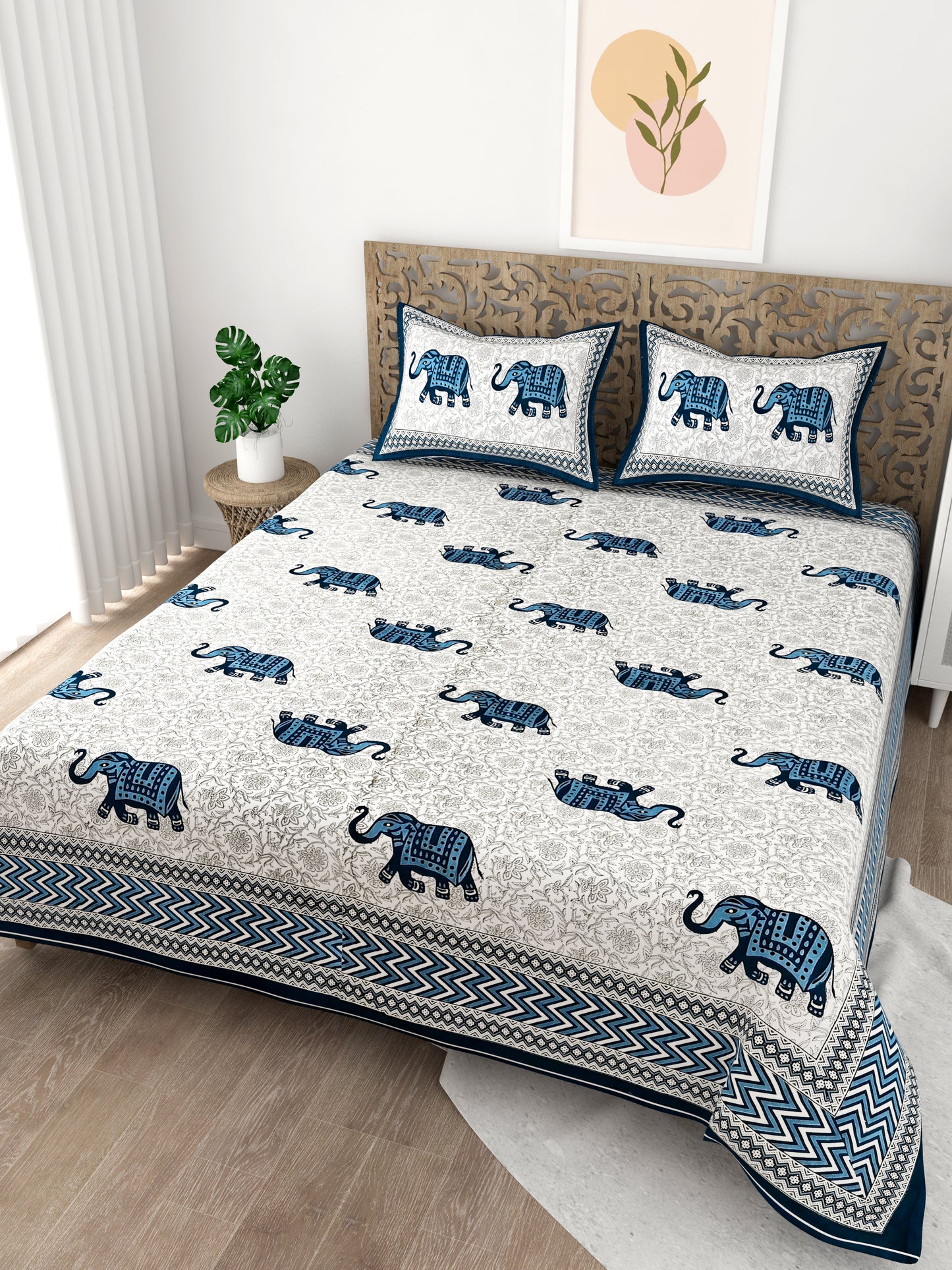 Dainty Blue Elephant Artistic Printed King Size Bedsheet - MishtiGriha