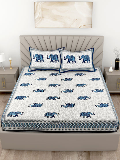 Dainty Blue Elephant Artistic Printed King Size Bedsheet - MishtiGriha