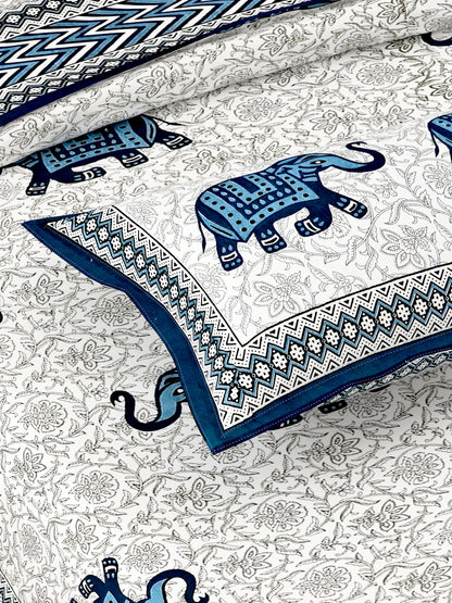 Dainty Blue Elephant Artistic Printed King Size Bedsheet - MishtiGriha