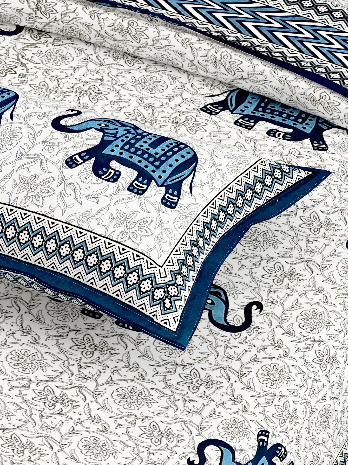 Dainty Blue Elephant Artistic Printed King Size Bedsheet - MishtiGriha