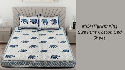 Dainty Blue Elephant Artistic Printed King Size Bedsheet