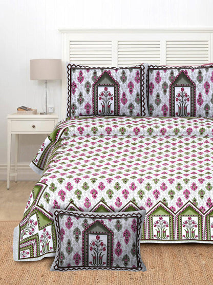 Pink and Green Bouquet home Printed King Size Bedsheet - MishtiGriha