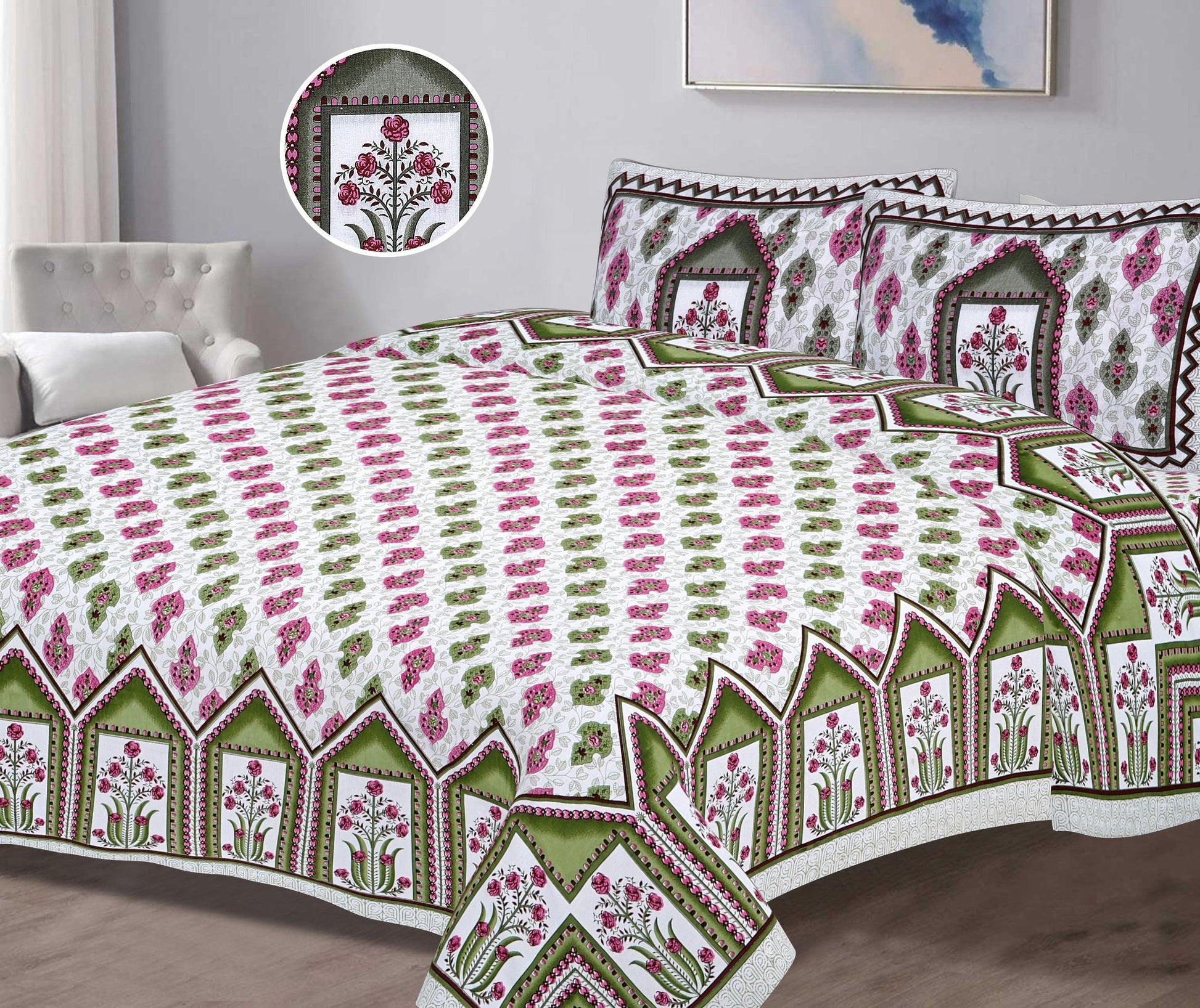 Pink and Green Bouquet home Printed King Size Bedsheet - MishtiGriha