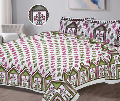 Pink and Green Bouquet home Printed King Size Bedsheet - MishtiGriha