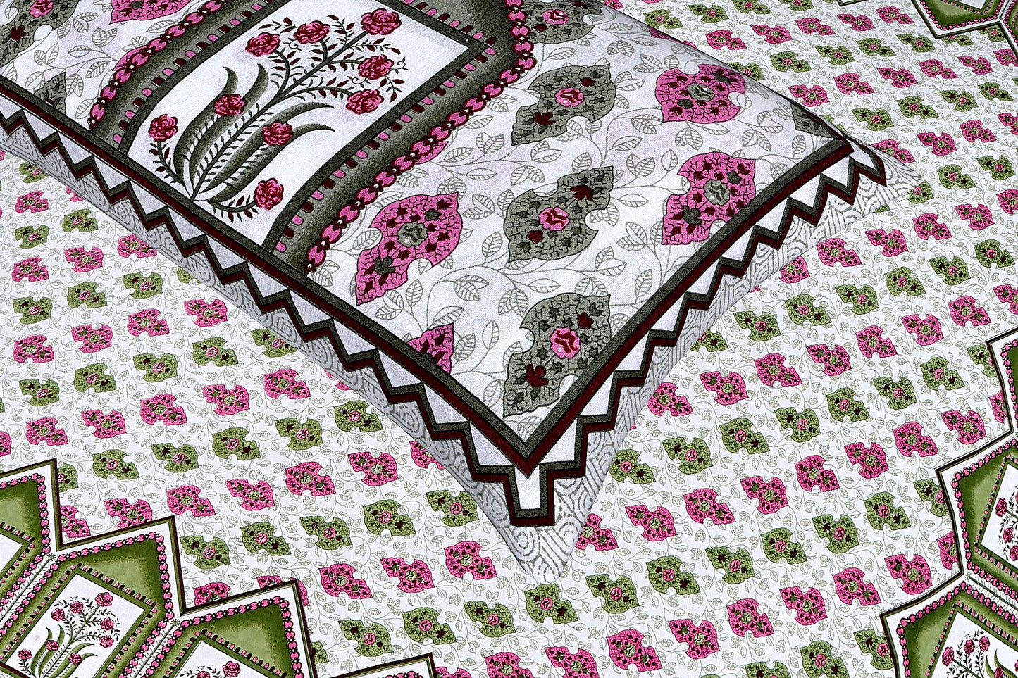 Pink and Green Bouquet home Printed King Size Bedsheet - MishtiGriha