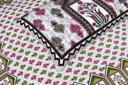 Pink and Green Bouquet home Printed King Size Bedsheet - MishtiGriha