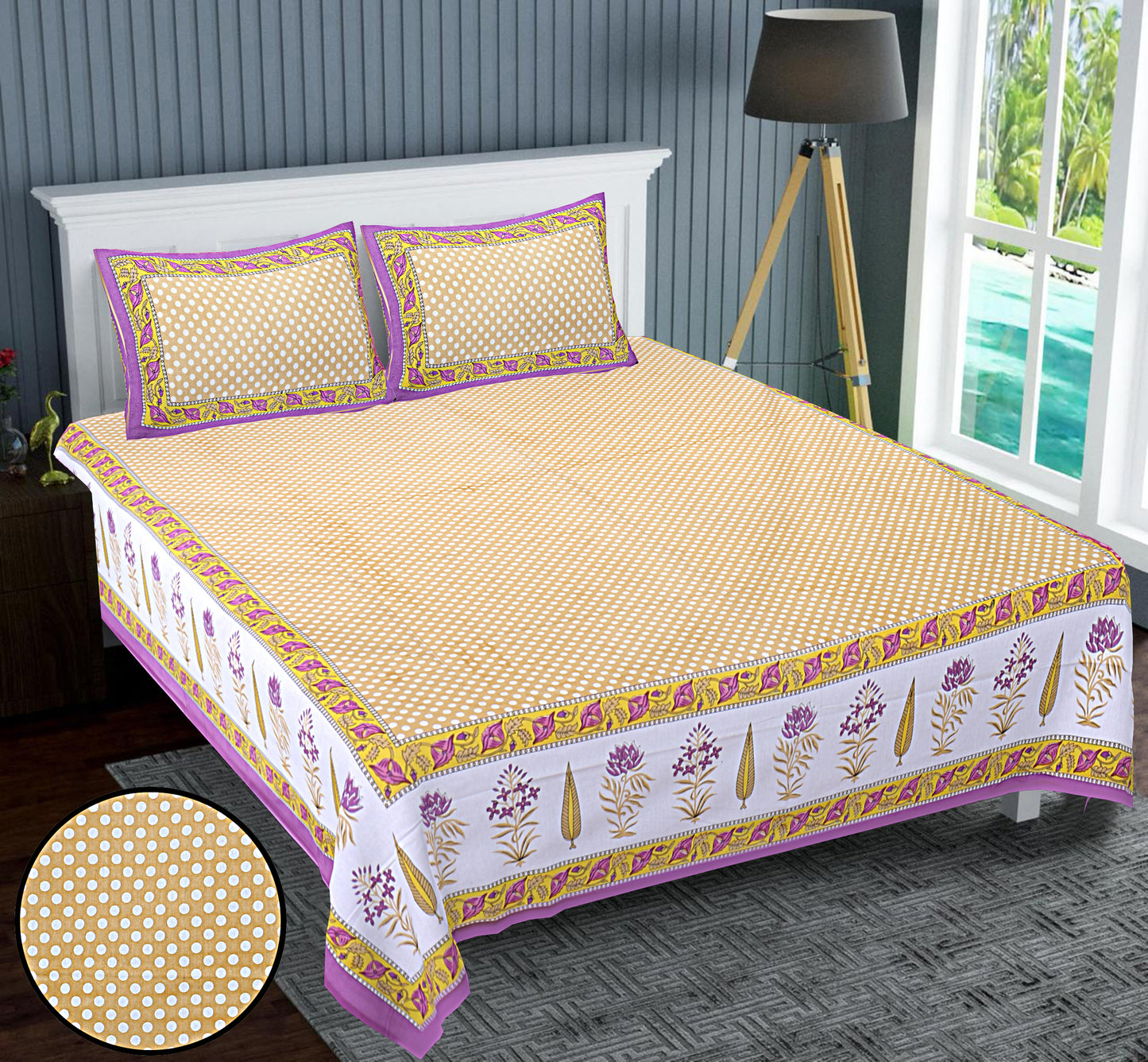 Polka Dots Vibrant Yellow Patio King Size Bedsheet - MishtiGriha