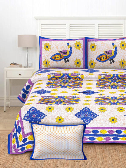 Intricate Artistic Peacock Printed King Size Bedsheet - MishtiGriha