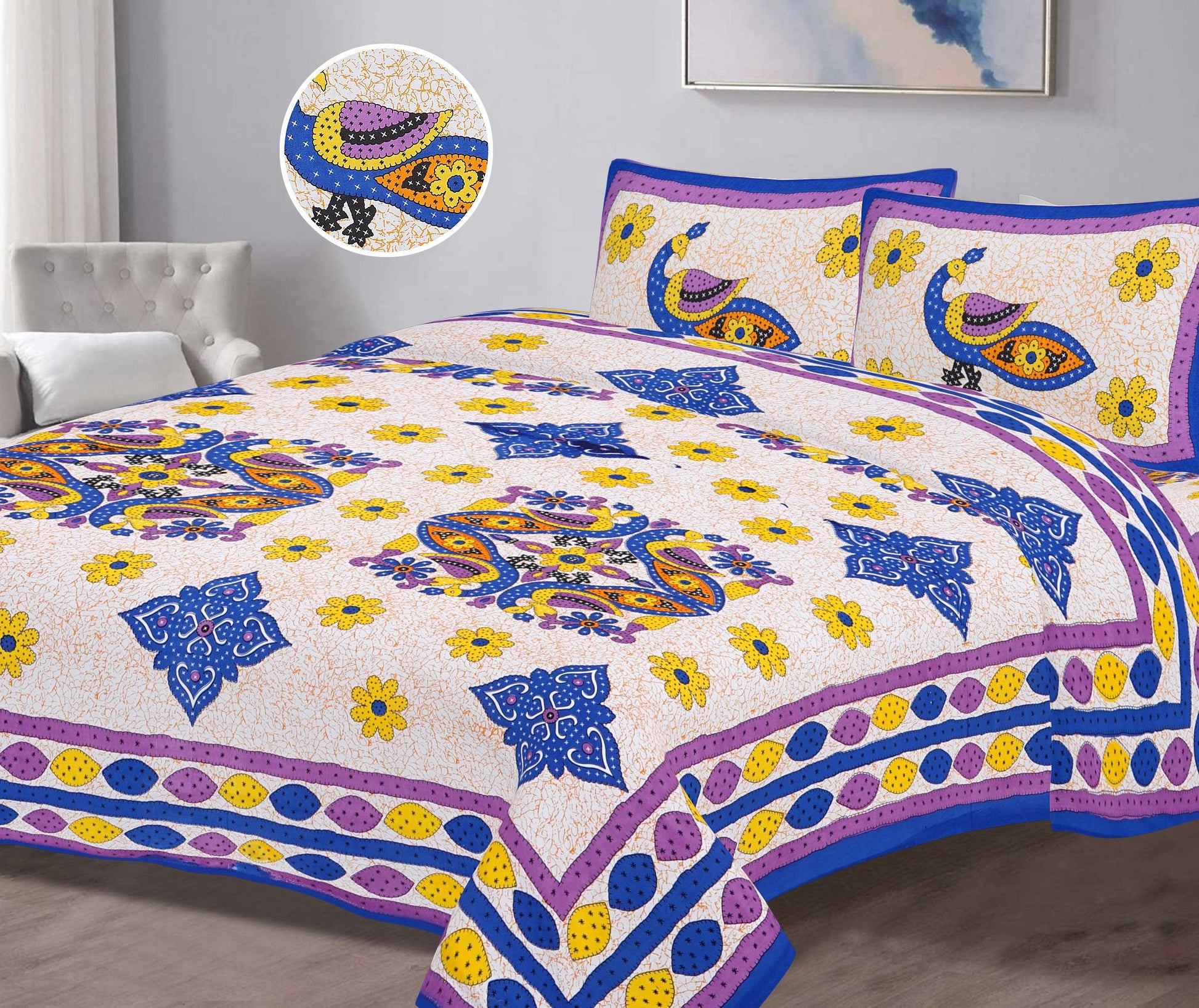 Intricate Artistic Peacock Printed King Size Bedsheet - MishtiGriha