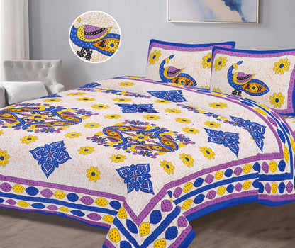 Intricate Artistic Peacock Printed King Size Bedsheet - MishtiGriha