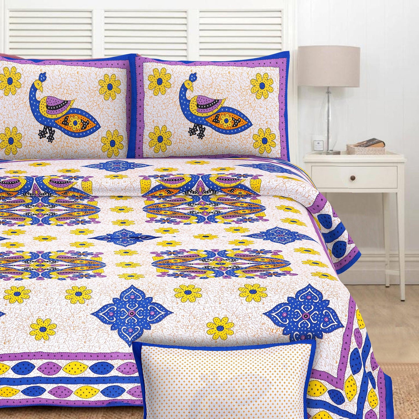 Intricate Artistic Peacock Printed King Size Bedsheet - MishtiGriha