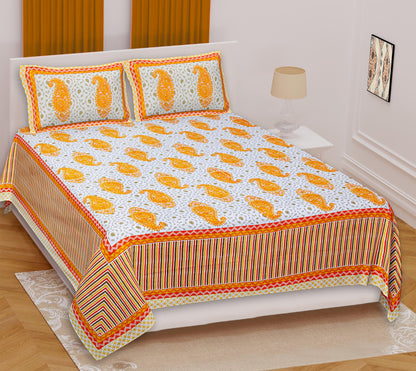 Spring Hues Feather Motif Printed King Size Bedsheet - MishtiGriha