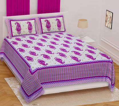 Purple Hues Feather Motif Printed King Size Bedsheet - MishtiGriha