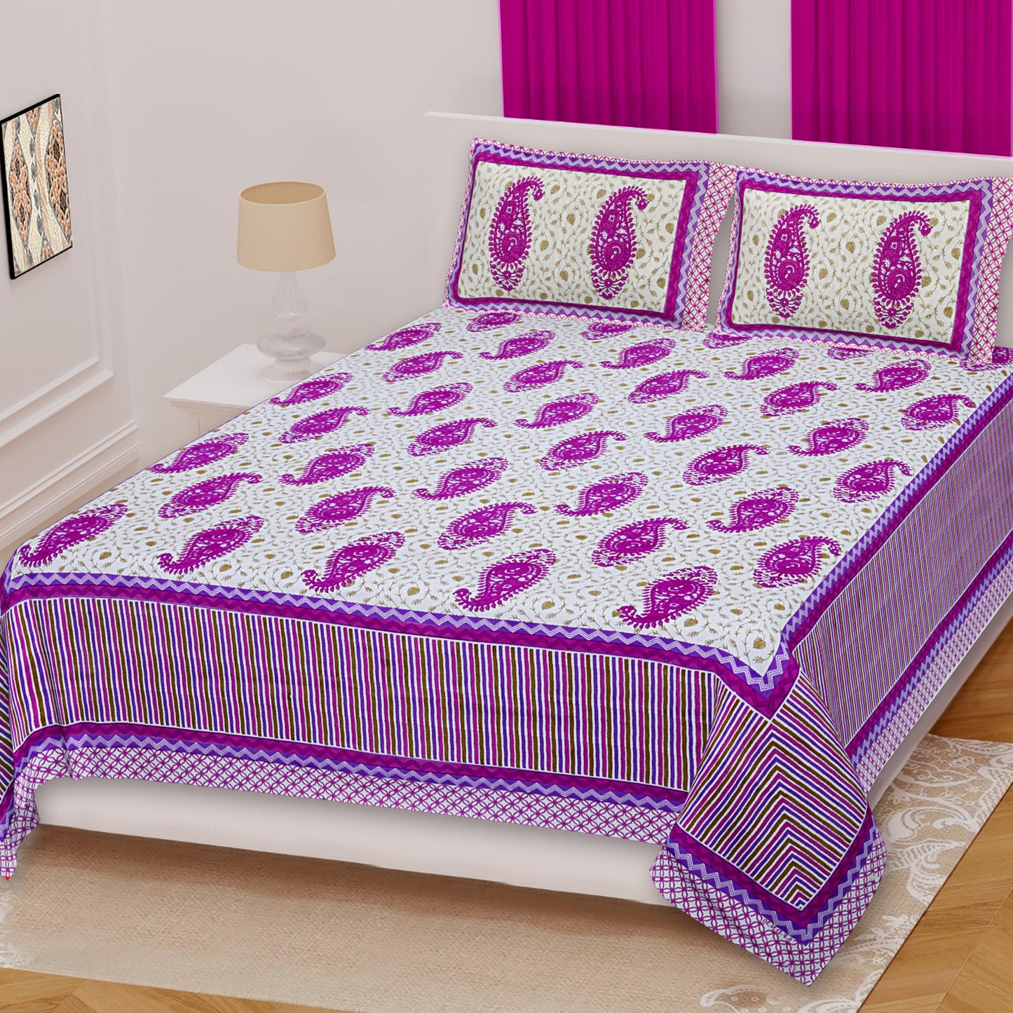 Purple Hues Feather Motif Printed King Size Bedsheet - MishtiGriha