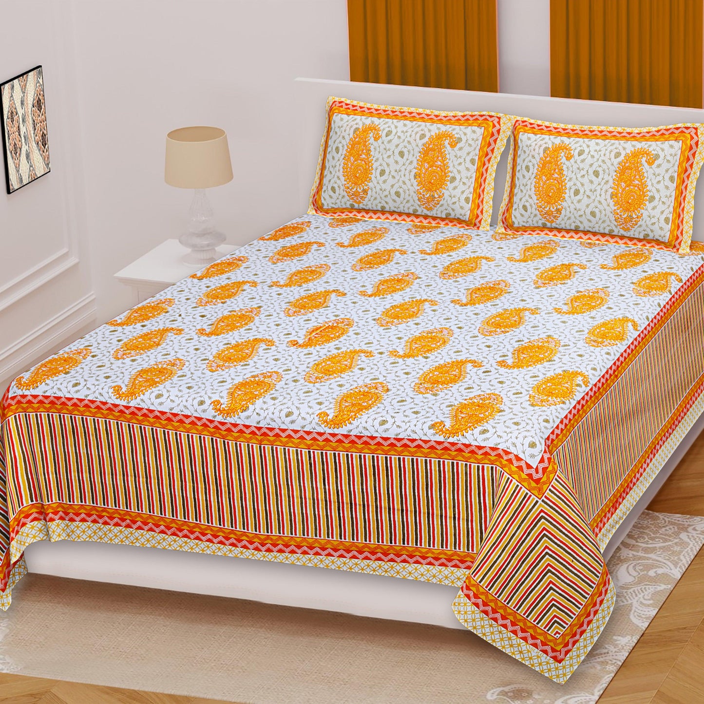 Spring Hues Feather Motif Printed King Size Bedsheet - MishtiGriha