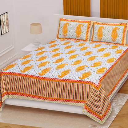 Spring Hues Feather Motif Printed King Size Bedsheet - MishtiGriha